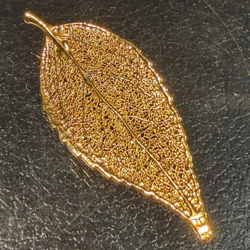 Vintage 24K Gold Dipped Real Leaf Brooch Pendant Filigree Botanical Jewelry 2"